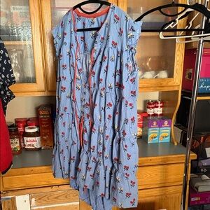 Free People Light Blue Floral Tiered Dress with Coral Trim size xl! EUC